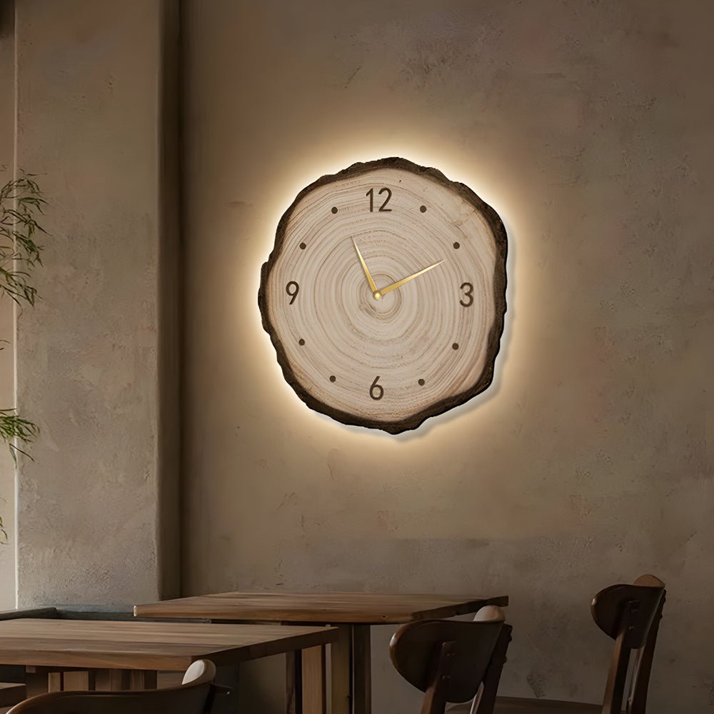 Rustic Round Wood Slice Clock with LED Lights and Remote