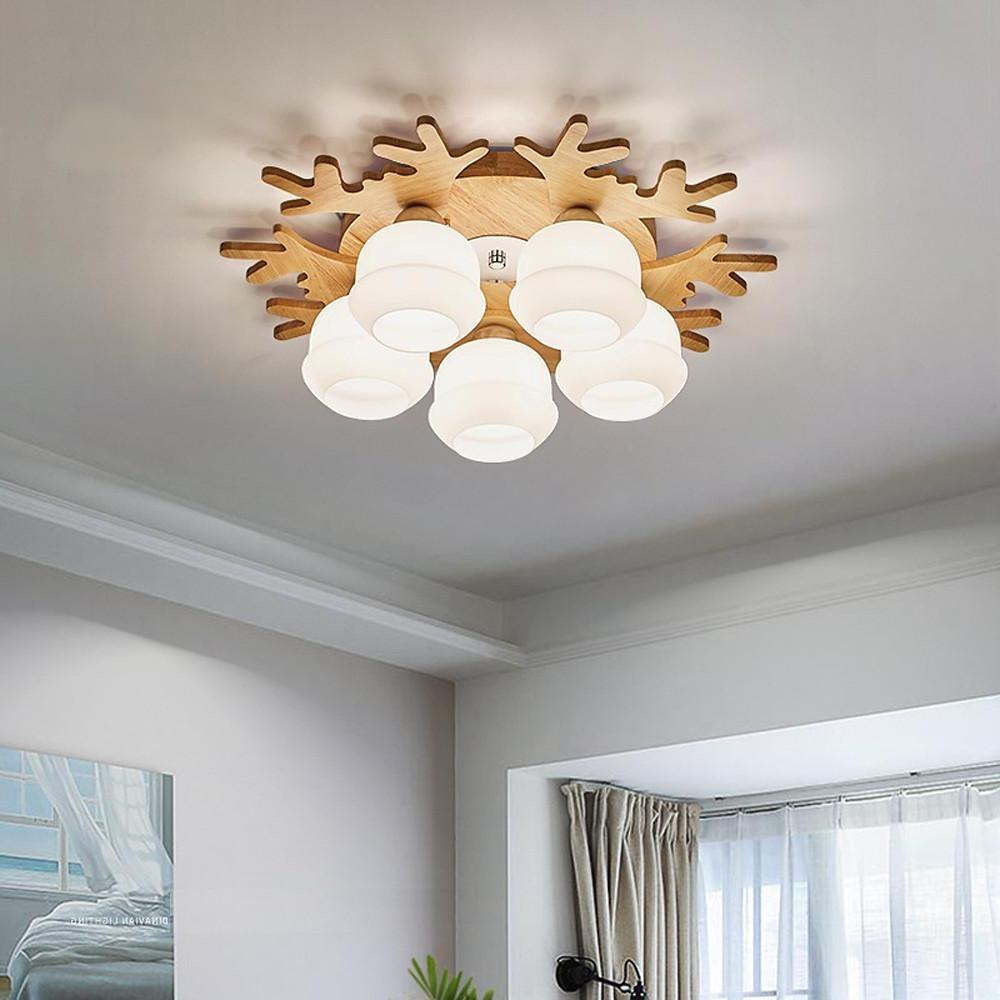 Globes Cluster Modern Wood Glass LED Flush Mount Ceiling Light