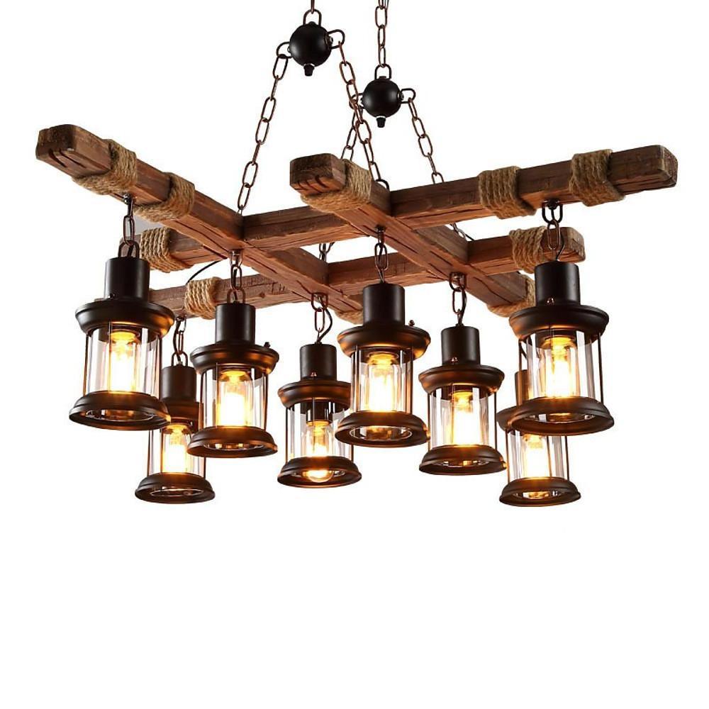 Vintage Wood and Glass LED Farmhouse Pendant Chandelier with 8 Lights