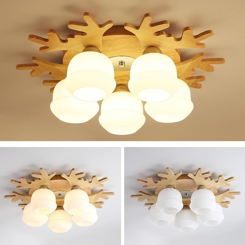 Globes Cluster Modern Wood Glass LED Flush Mount Ceiling Light