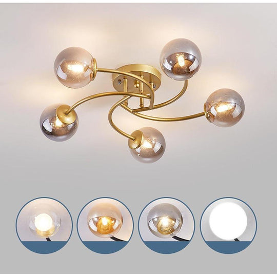 5-Light Glass Globe Swirled Metal LED Modern Flush Mount Ceiling Light