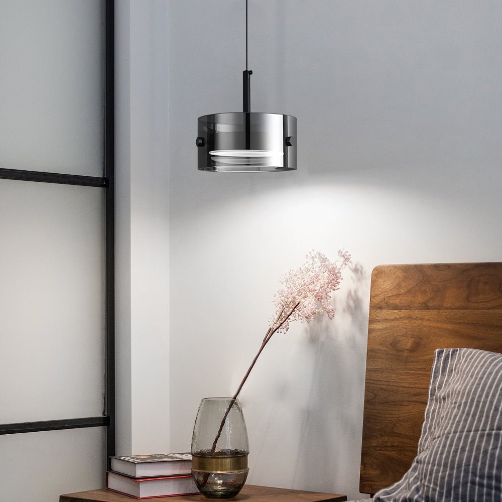 Short Cylinder Smoke Gray Glass LED Pendant Light – 3-Step Dimming