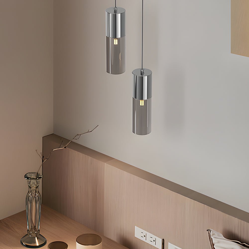 Small Cylinder Mirror Metal Smoke Gray Glass 3 Step Dimming Pendant Light