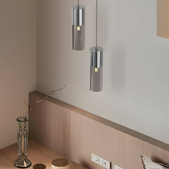 Small Cylinder Mirror Metal Smoke Gray Glass 3 Step Dimming Pendant Light