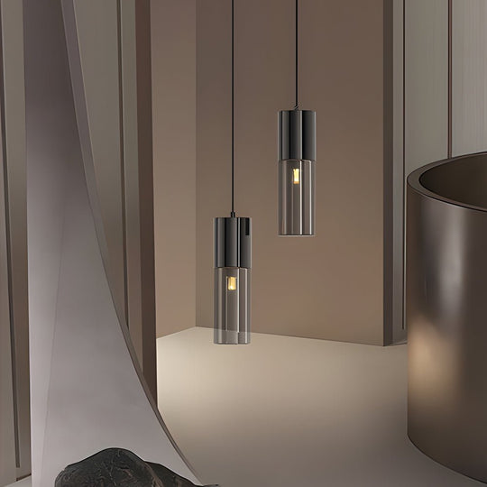 Small Cylinder Mirror Metal Smoke Gray Glass 3 Step Dimming Pendant Light