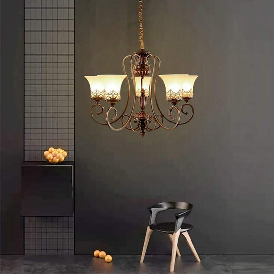 5-Light Bending Metal Bar Upside Down Glass Shade Vintage Chandelier Ceiling Light
