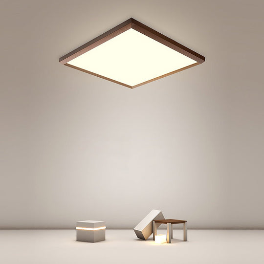 Square Modern Flush Mount Lighting with Brown Frame – Dimmable LED Ceiling Light with Remote