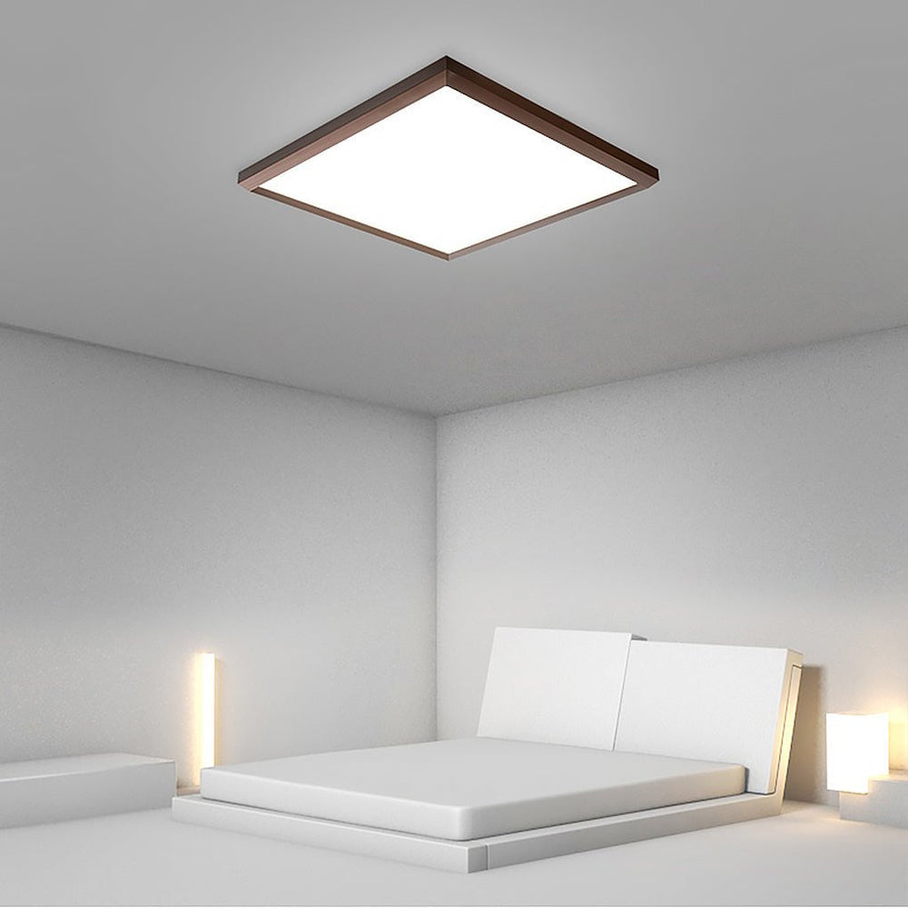 Square Modern Flush Mount Lighting with Brown Frame – Dimmable LED Ceiling Light with Remote