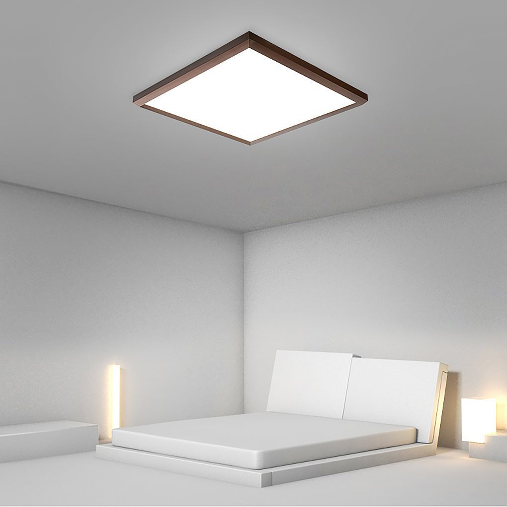 Square Modern Flush Mount Lighting with Brown Frame – Dimmable LED Ceiling Light with Remote