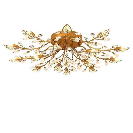 Crystal Leaves – Brushed Flush Mount Ceiling Chandelier for Living Room, Bedroom, and Dining Room