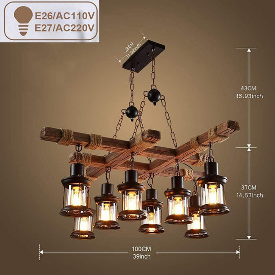 Vintage Wood and Glass LED Farmhouse Pendant Chandelier with 8 Lights