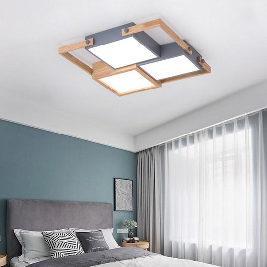 Modern Scandinavian LED Flush Mount Ceiling Light with Wooden Frames for Bedroom
