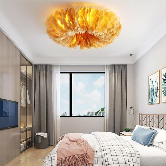Round Feathers LED Nordic Ceiling Light Flush Mount Chandelier