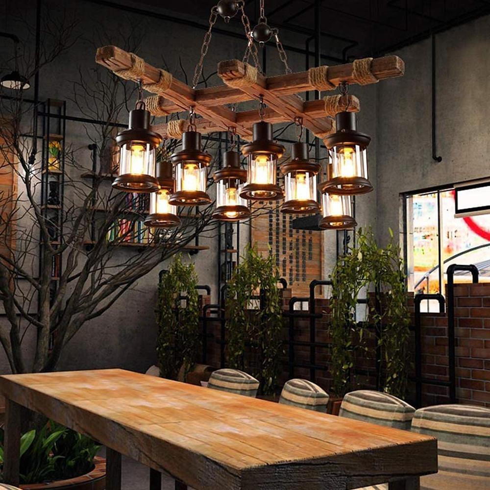 Vintage Wood and Glass LED Farmhouse Pendant Chandelier with 8 Lights