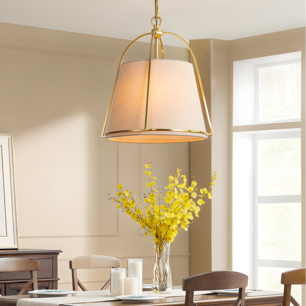 Trapezoid Pendant Light with Gold Frame and White Fabric Shade