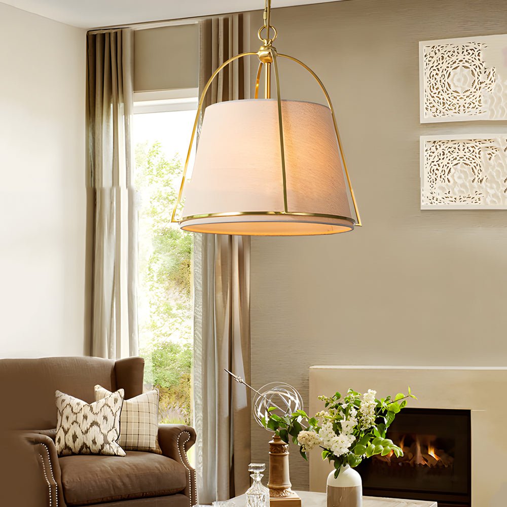Trapezoid Pendant Light with Gold Frame and White Fabric Shade