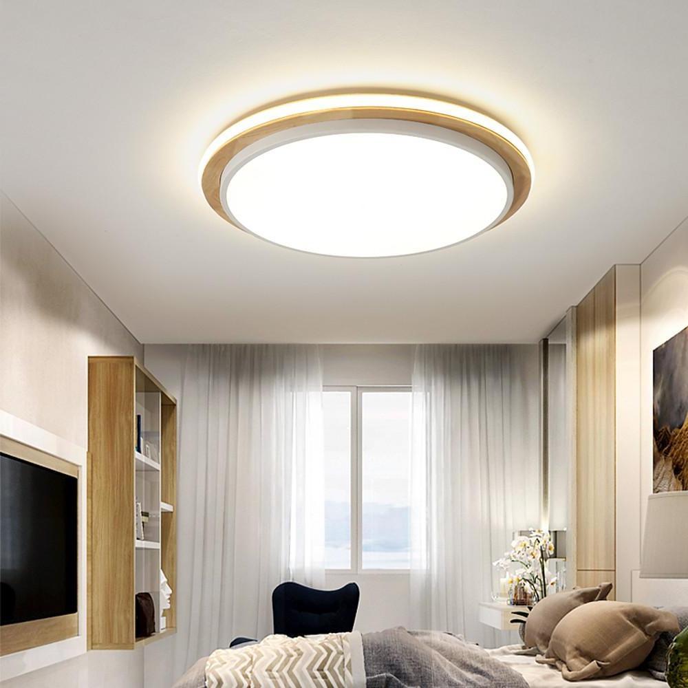 Metal and Wood Round LED Flush Mount Ceiling Light for Bedroom
