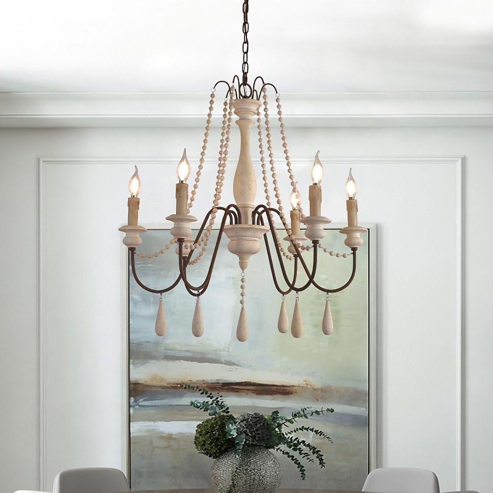 Rustic Farmhouse Wood Bead Chandelier with Teardrops Candle Style Lights