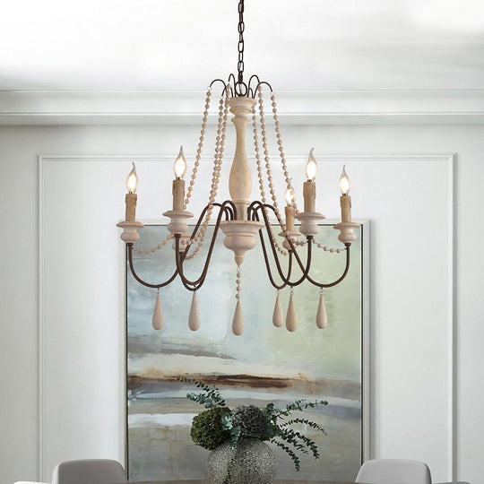 Rustic Farmhouse Wood Bead Chandelier with Teardrops Candle Style Lights