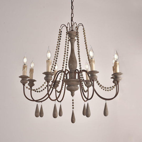 Rustic Farmhouse Wood Bead Chandelier with Teardrops Candle Style Lights