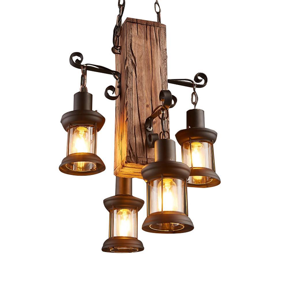 Lodge Style Farmhouse 4-Light Wooden Chandelier