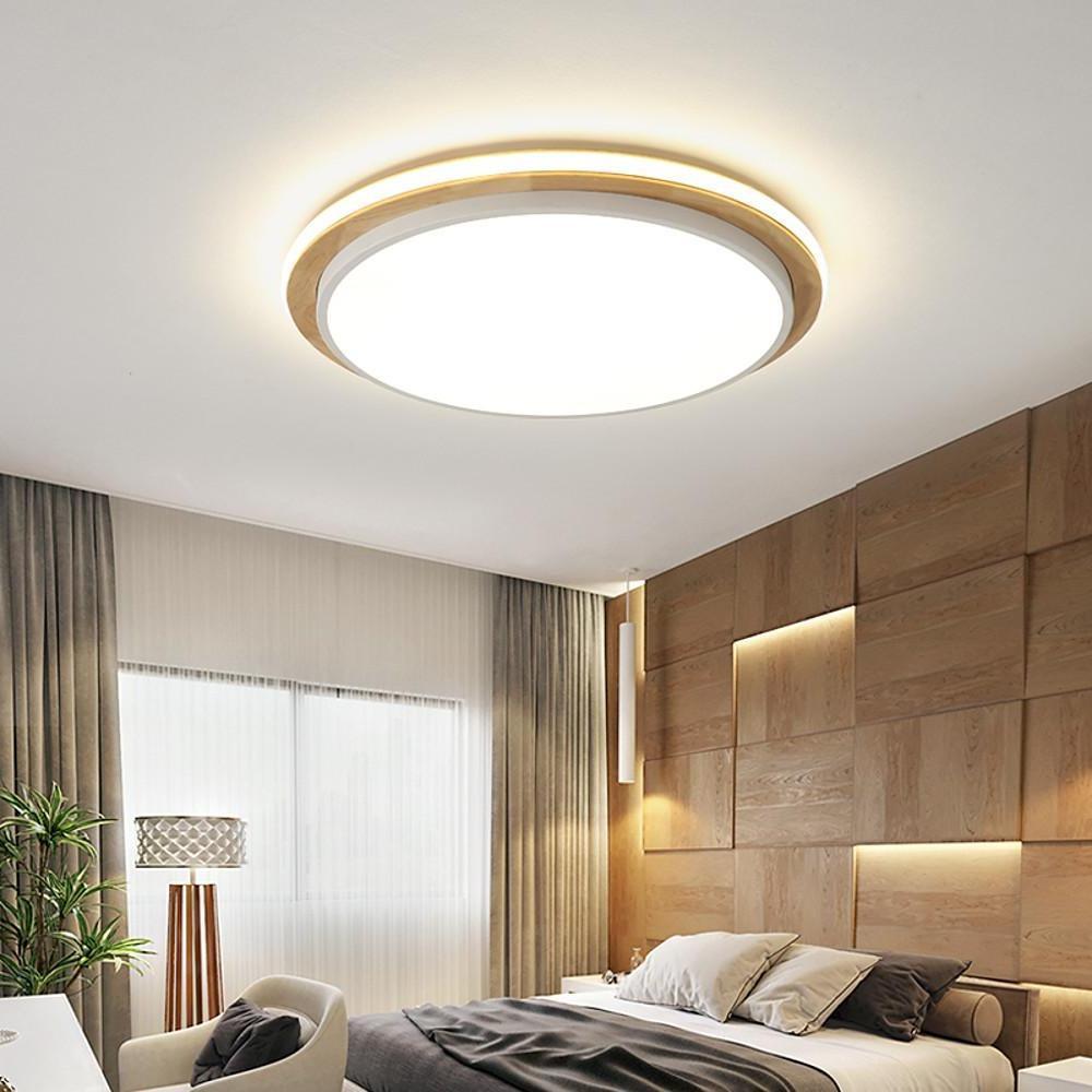 Metal and Wood Round LED Flush Mount Ceiling Light for Bedroom