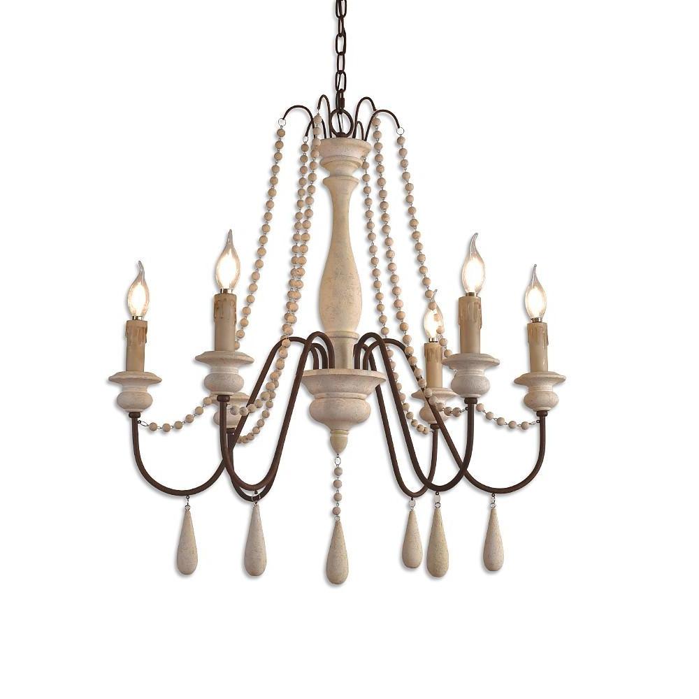 Rustic Farmhouse Wood Bead Chandelier with Teardrops Candle Style Lights
