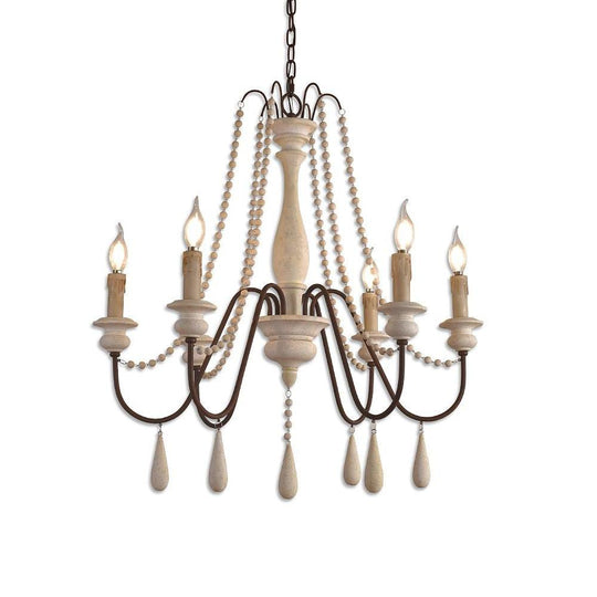 Rustic Farmhouse Wood Bead Chandelier with Teardrops Candle Style Lights