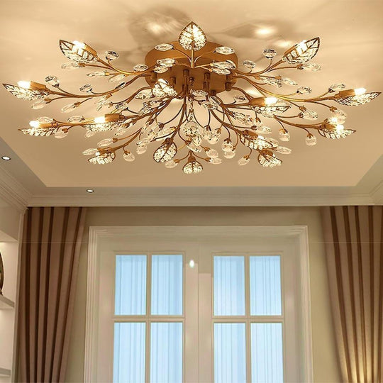 Crystal Leaves – Brushed Flush Mount Ceiling Chandelier for Living Room, Bedroom, and Dining Room