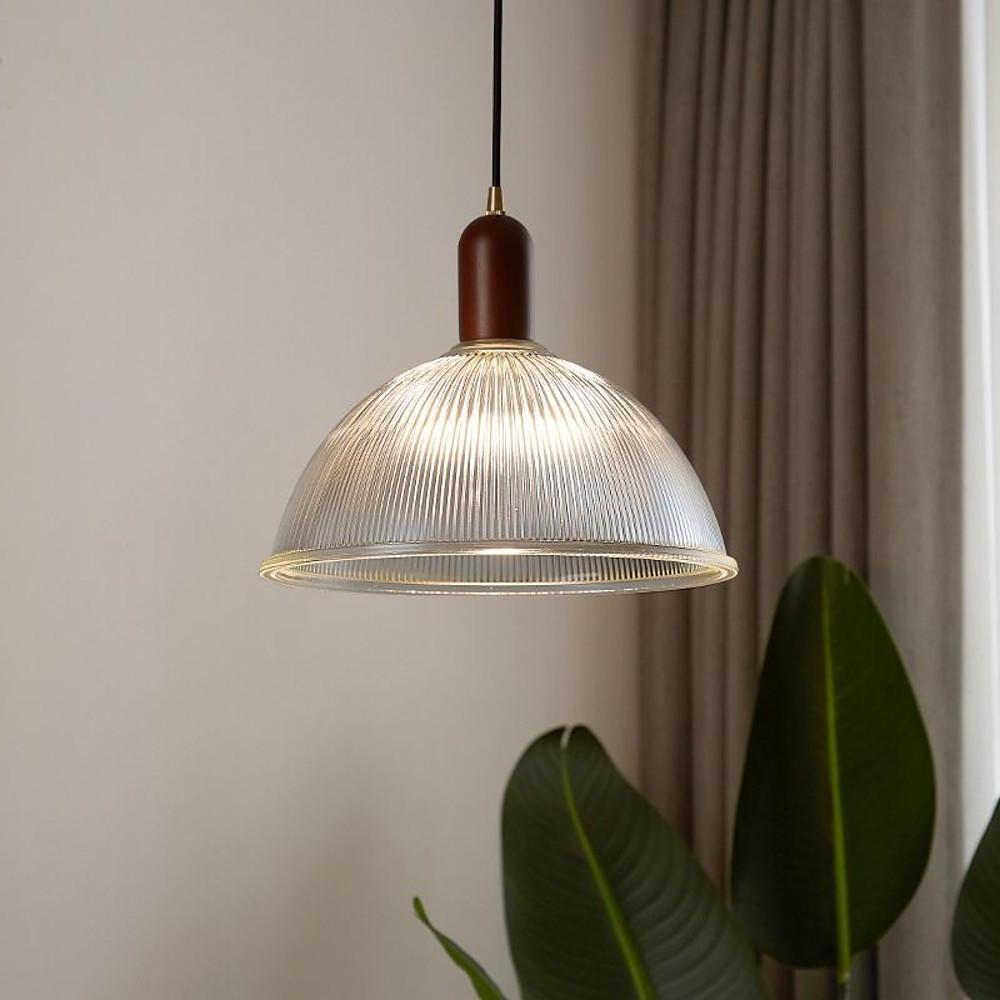 Country Glass and Wood Bowl Vintage Pendant Light
