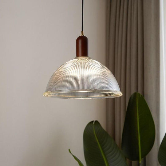 Country Glass and Wood Bowl Vintage Pendant Light