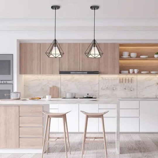 Geometrical Lantern Classic Island Pendant Light Metal Fabric Ceiling Light