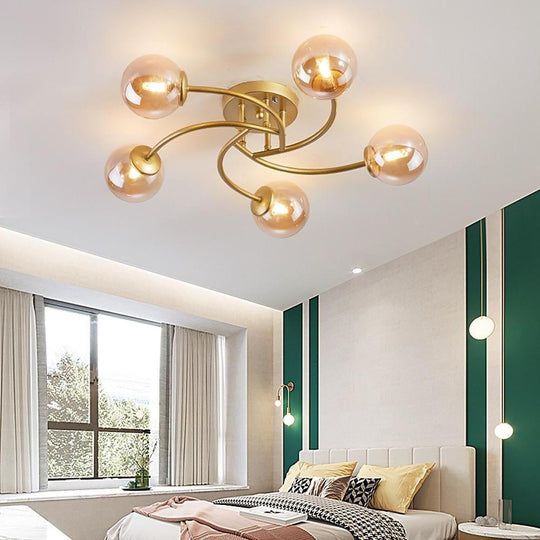 5-Light Glass Globe Swirled Metal LED Modern Flush Mount Ceiling Light