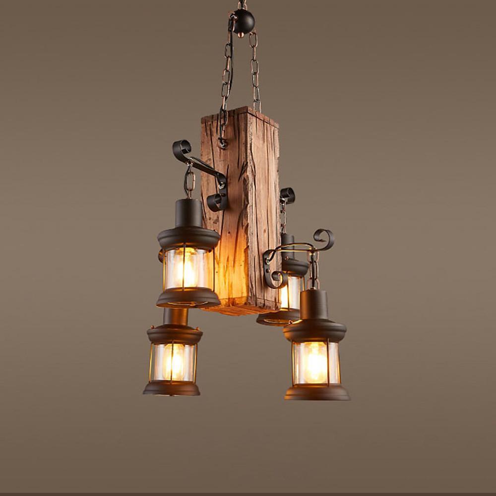 Lodge Style Farmhouse 4-Light Wooden Chandelier