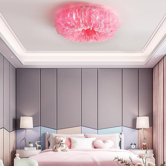 Round Feathers LED Nordic Ceiling Light Flush Mount Chandelier