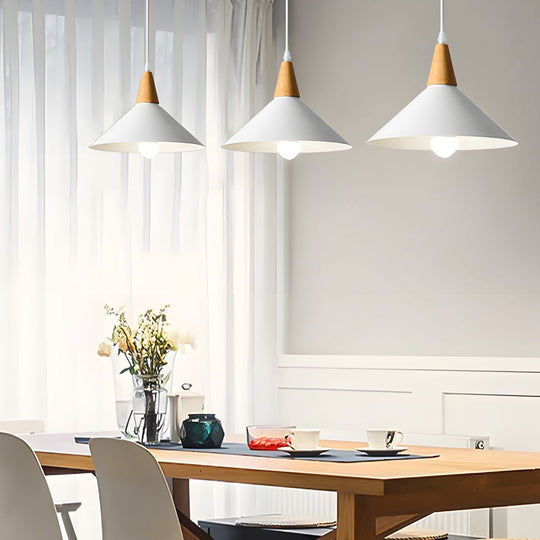 White Nordic Cone Pendant Light with Wood Accent