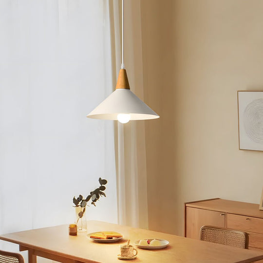 White Nordic Cone Pendant Light with Wood Accent