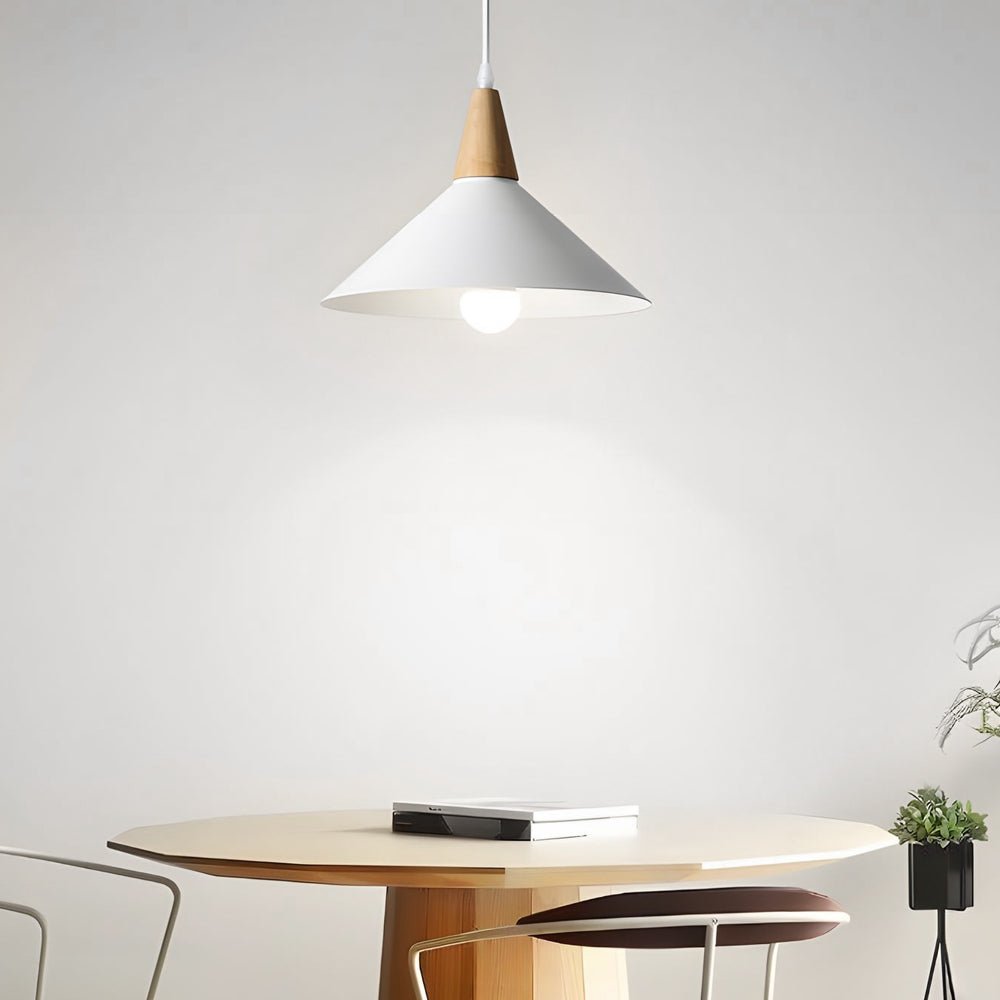 White Nordic Cone Pendant Light with Wood Accent