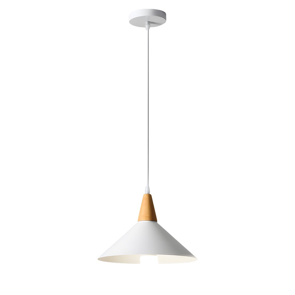 White Nordic Cone Pendant Light with Wood Accent