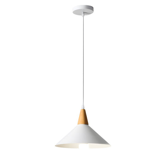 White Nordic Cone Pendant Light with Wood Accent