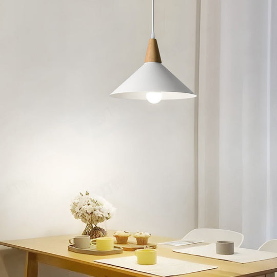 White Nordic Cone Pendant Light with Wood Accent