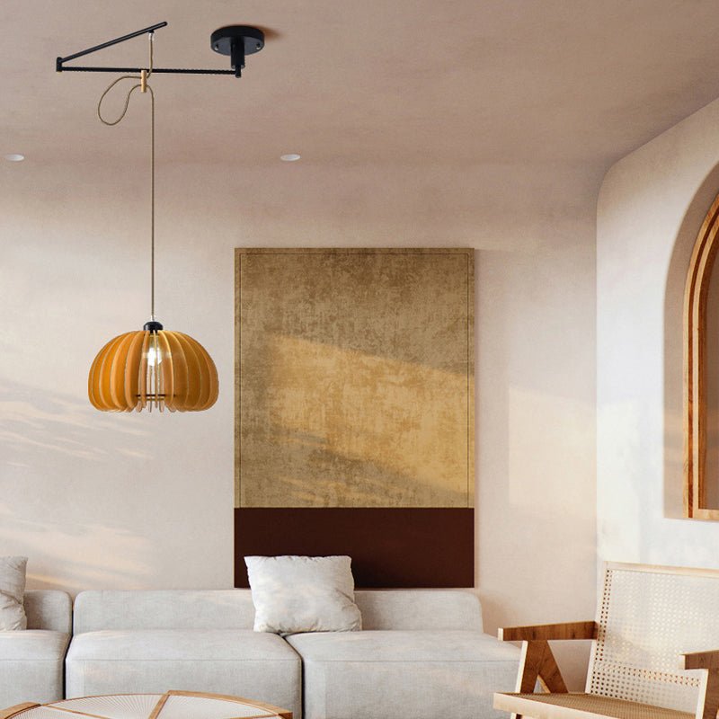 Wood Umbrella 3-Step Dimming Swing Arm Adjustable Modern Pendant Light