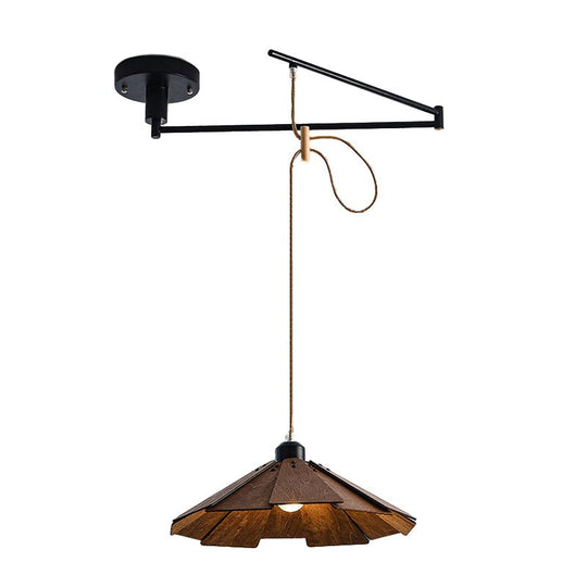 Wood Umbrella 3-Step Dimming Swing Arm Adjustable Modern Pendant Light