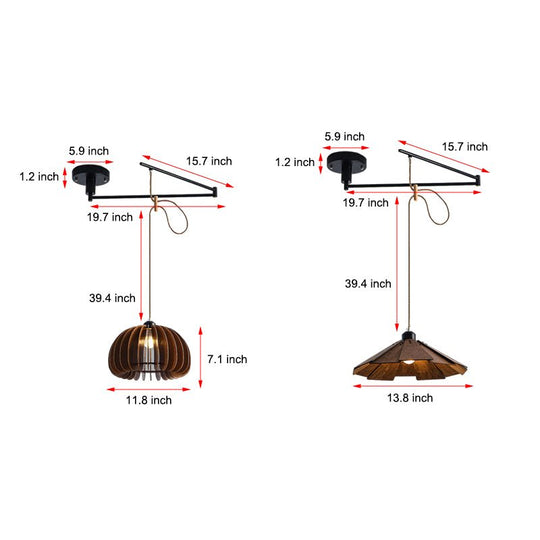 Wood Umbrella 3-Step Dimming Swing Arm Adjustable Modern Pendant Light