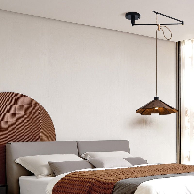 Wood Umbrella 3-Step Dimming Swing Arm Adjustable Modern Pendant Light