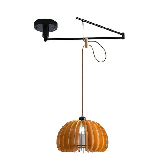 Wood Umbrella 3-Step Dimming Swing Arm Adjustable Modern Pendant Light