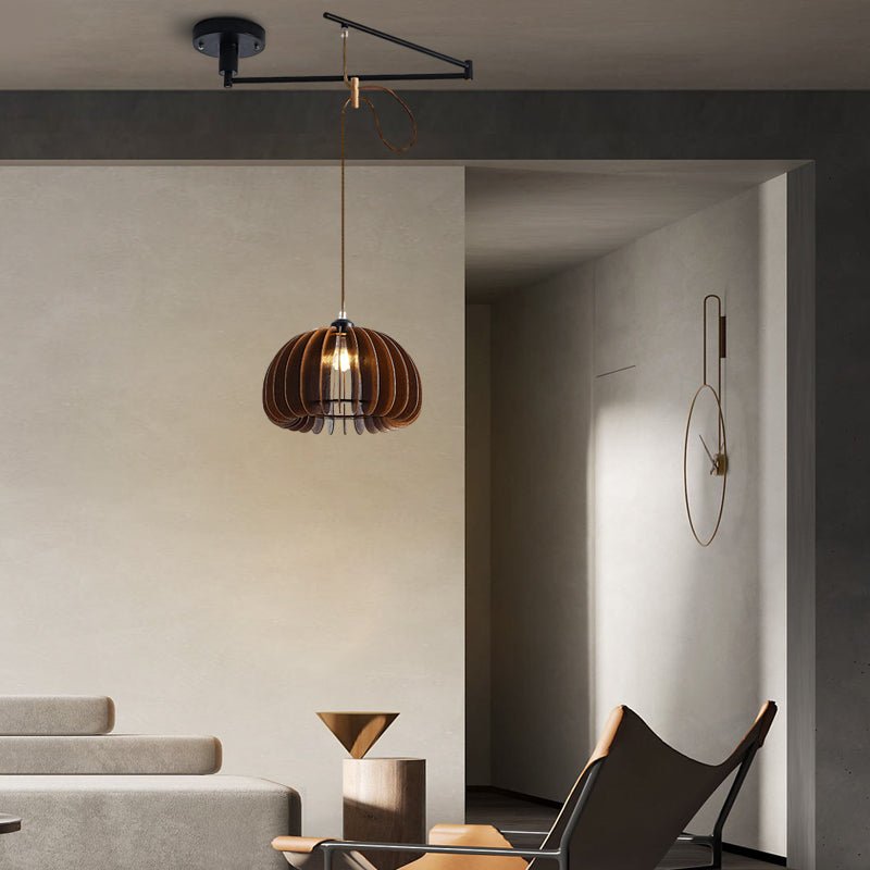 Wood Umbrella 3-Step Dimming Swing Arm Adjustable Modern Pendant Light