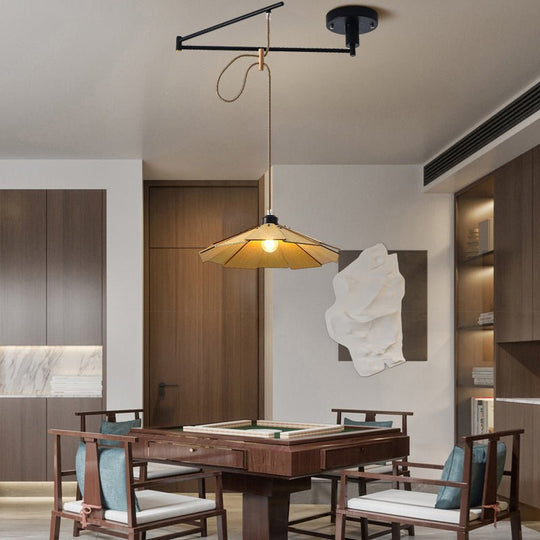 Wood Umbrella 3-Step Dimming Swing Arm Adjustable Modern Pendant Light