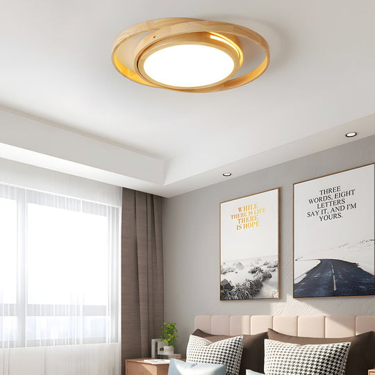 Wooden Oval Rings Round LED Flush Mount Ceiling Light