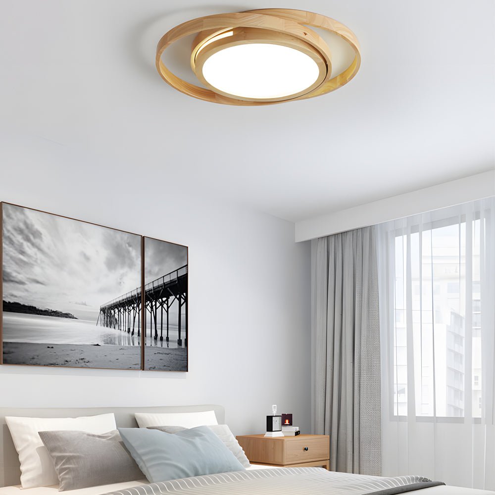 Wooden Oval Rings Round LED Flush Mount Ceiling Light